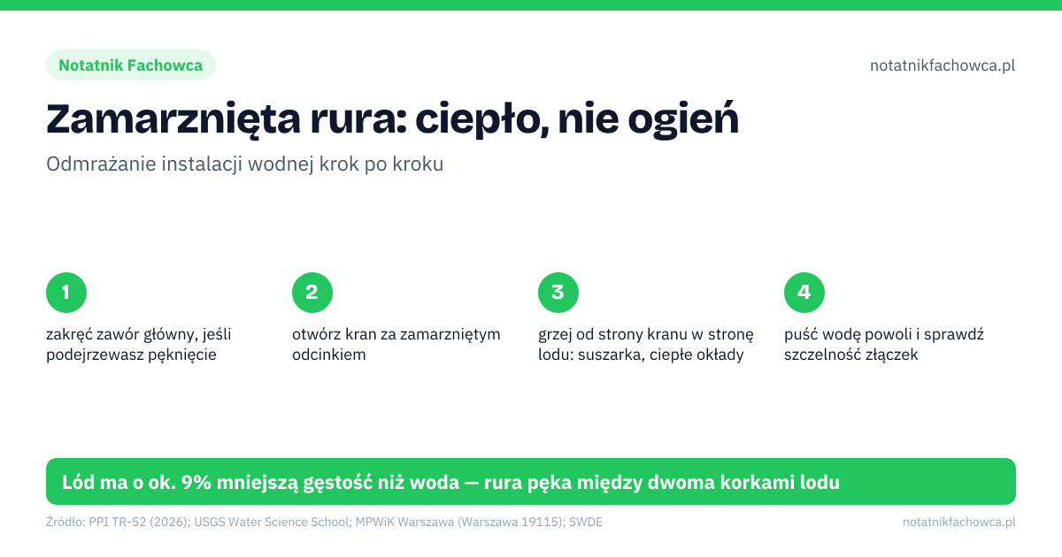 Zamarznięta rura: ciepło, nie ogień. 1: zakręć zawór główny, jeśli podejrzewasz pęknięcie; 2: otwórz kran za zamarzniętym odcinkiem; 3: grzej od strony kranu w stronę lodu: suszarka, ciepłe okłady; 4: puść wodę powoli i sprawdź szczelność złączek. Lód ma o ok. 9% mniejszą gęstość niż woda — rura pęka między dwoma korkami lodu